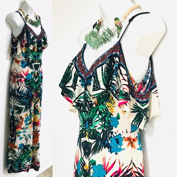 FLYING TOMATO Tropical Floral Ruffle JUMPSUIT Small - Picture 8 of 15